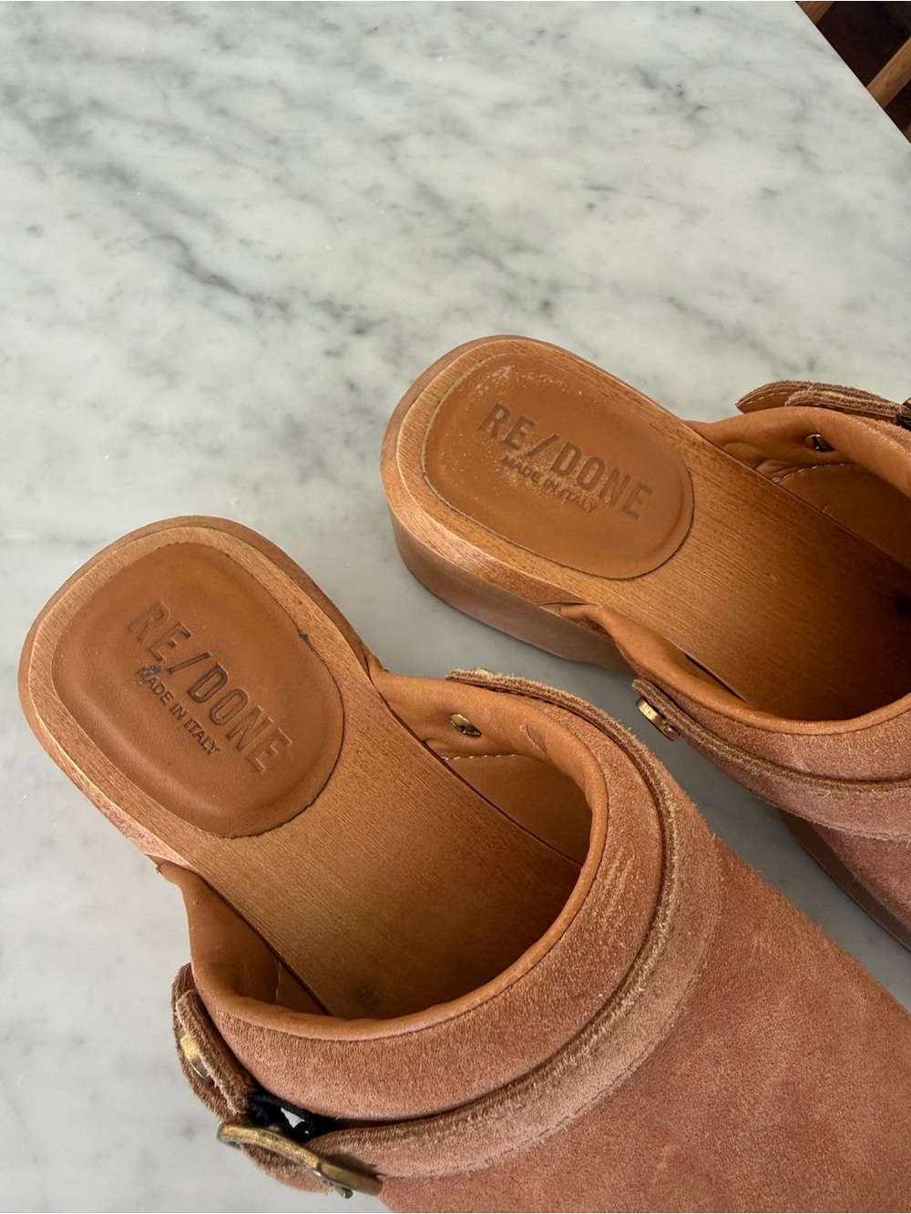 Re/Done Cognac Suede Clog Mules with Buckle - Picture 2 of 4